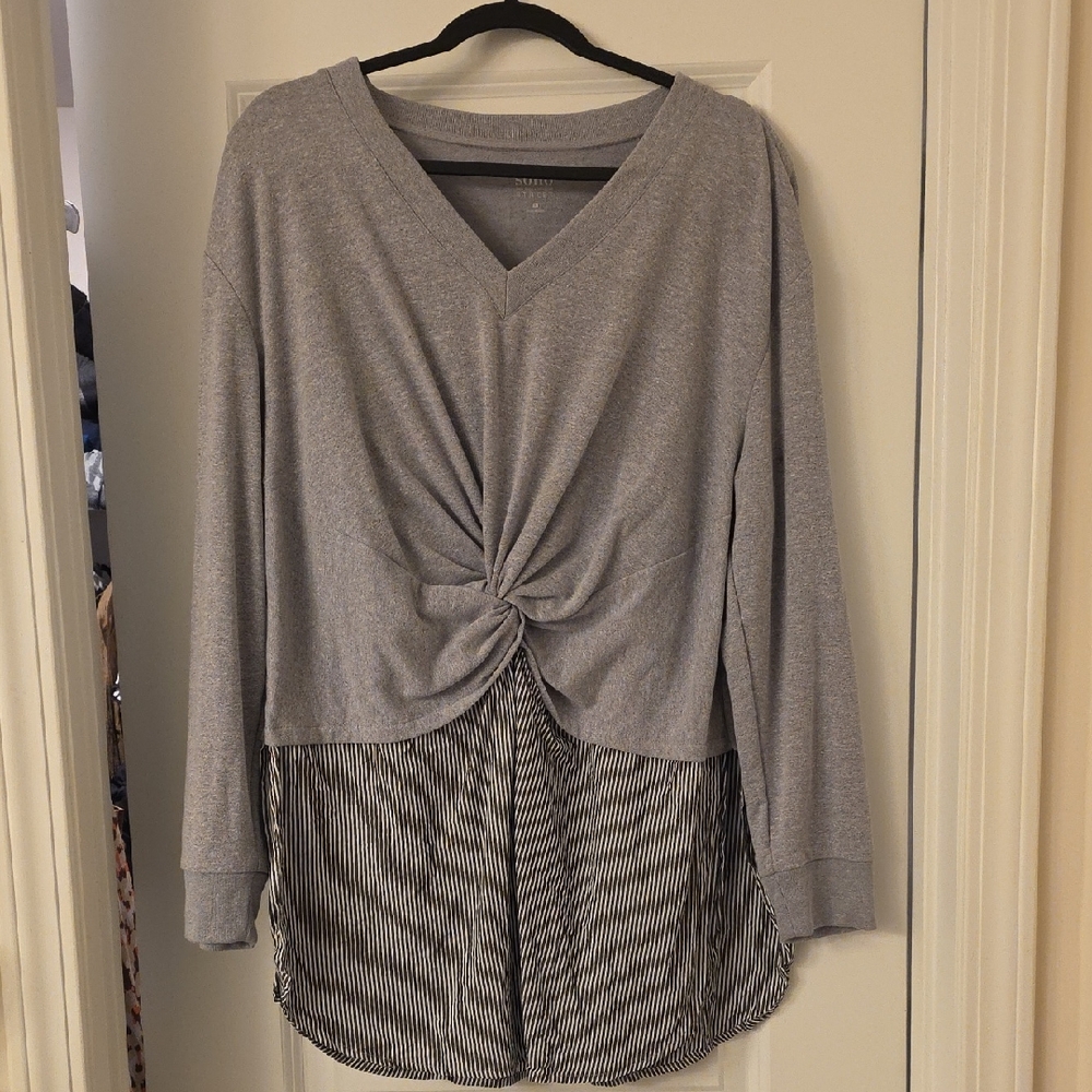 Soho Heather Gray Knotted Blouse with Black Striped Hem